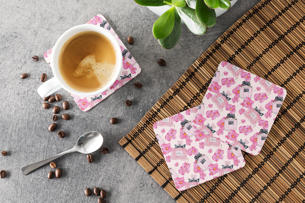 Watercolor Pink Flowers and Perfume Foam Coasters Set of 4 Cup Coasters for Indoor Outdoor, Tabletop Protection, Anti Slip, Mouse pad Material