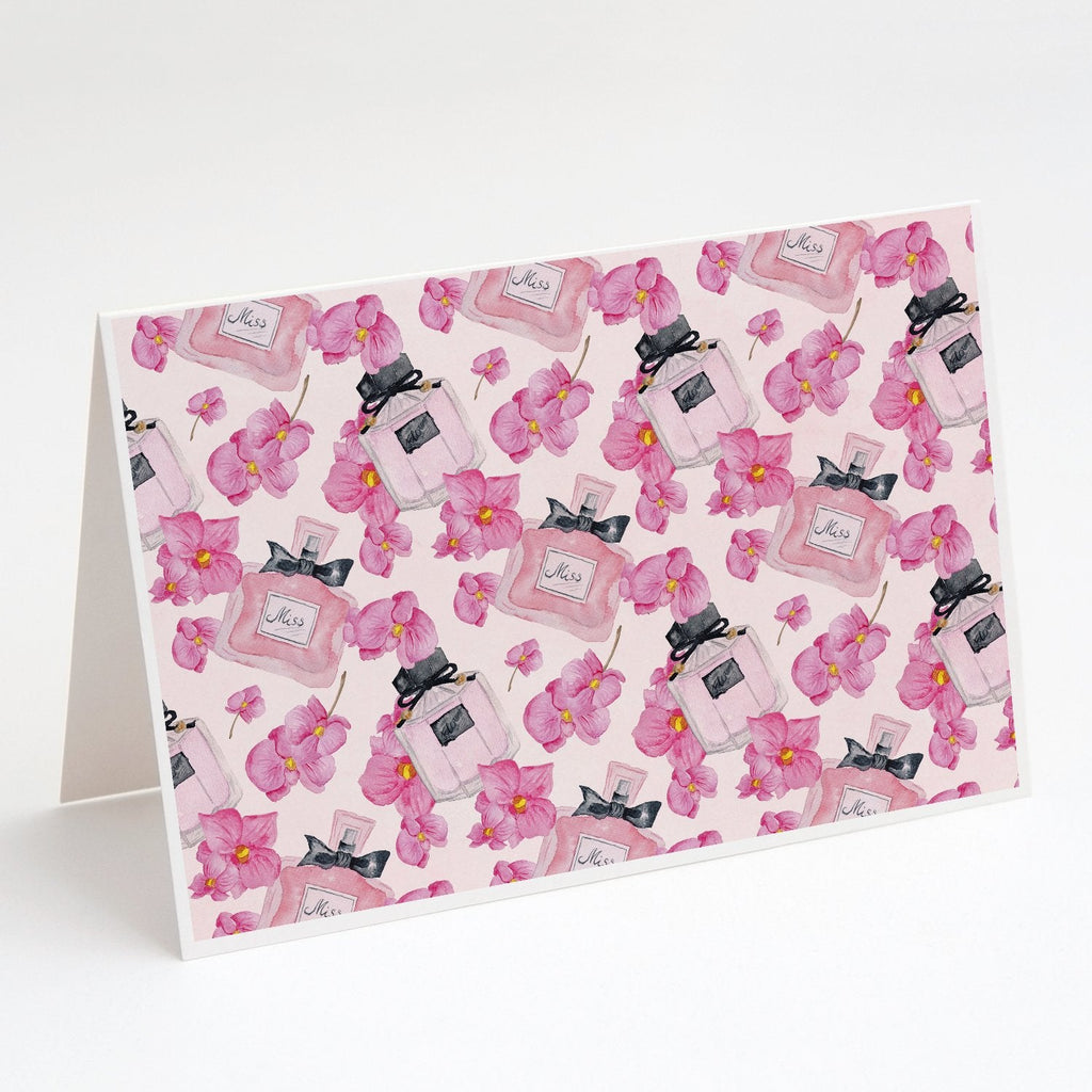 Watercolor Pink Flowers and Perfume Greeting Cards Pack of 8 Blank Cards with Envelopes Whimsical A7 Size 5x7
