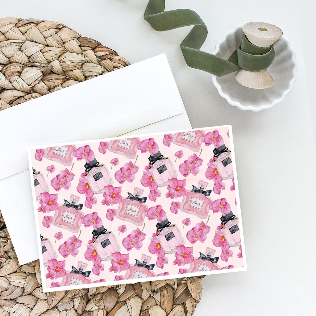 Watercolor Pink Flowers and Perfume Greeting Cards Pack of 8 Blank Cards with Envelopes Whimsical A7 Size 5x7