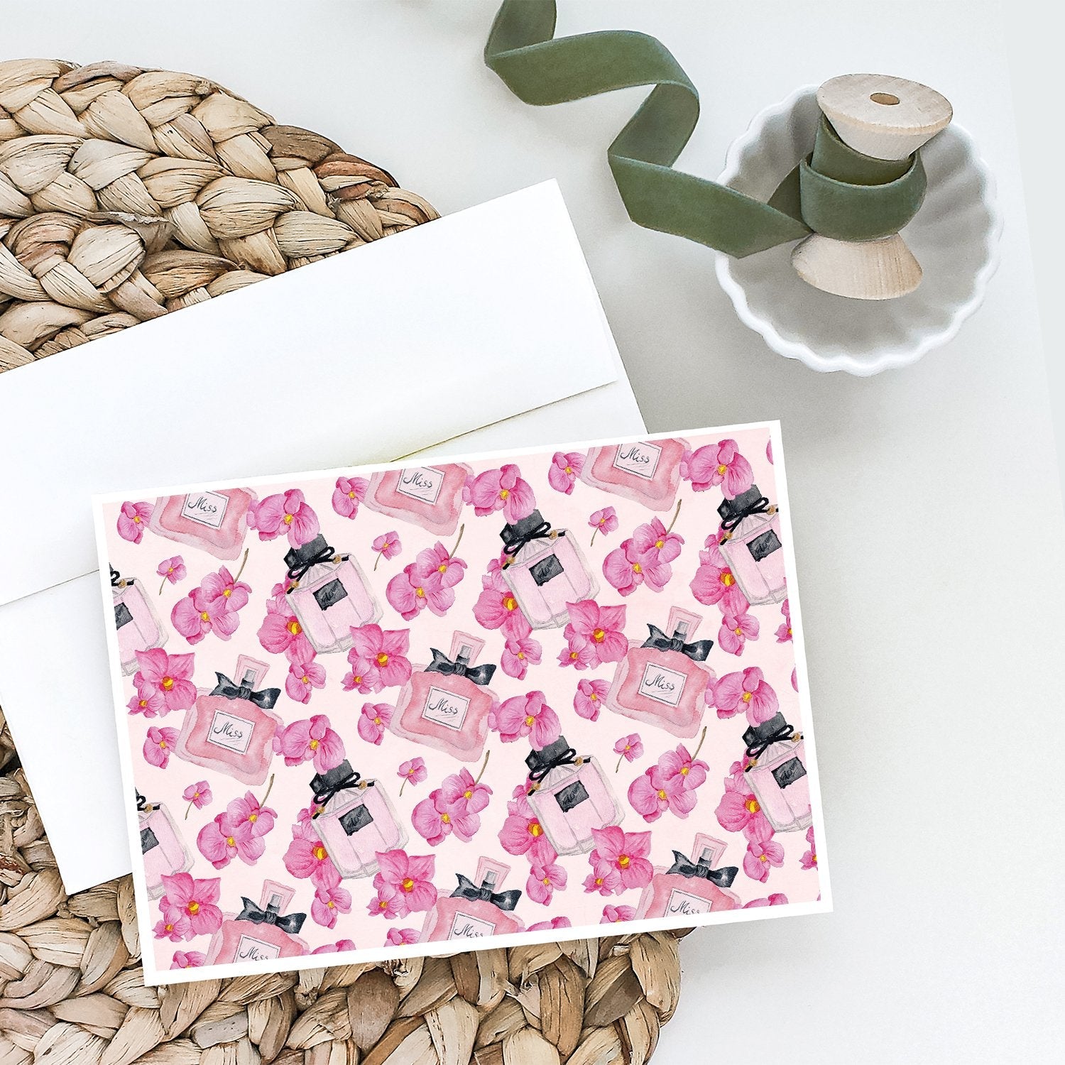 Watercolor Pink Flowers and Perfume Greeting Cards Pack of 8 Blank Cards with Envelopes Whimsical A7 Size 5x7