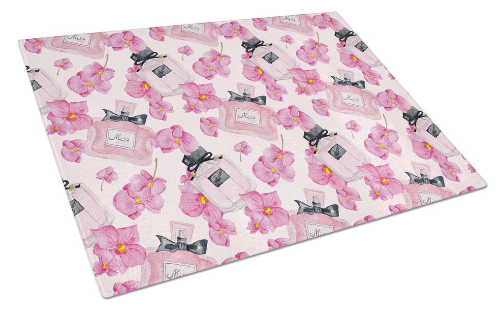 Watercolor Pink Flowers and Perfume Cutting Board Tempered Glass Kitchen Cutting Surface, Heat Resistant Chopping, Non-Slip Feet, Food Prep & Serving