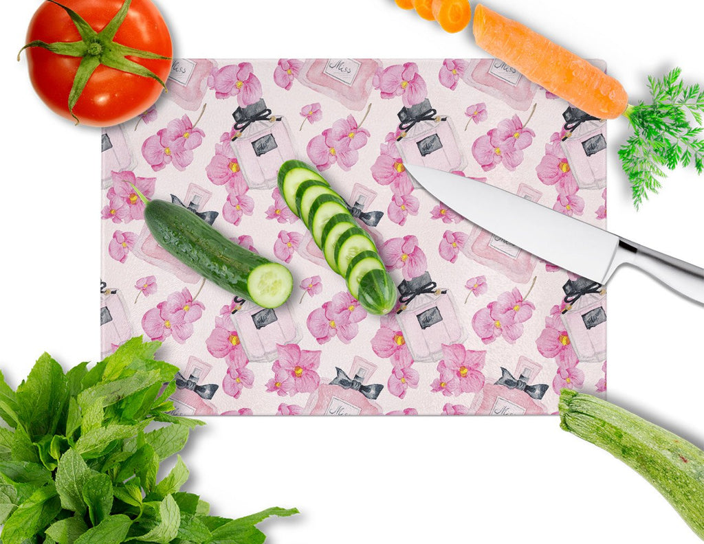 Watercolor Pink Flowers and Perfume Cutting Board Tempered Glass Kitchen Cutting Surface, Heat Resistant Chopping, Non-Slip Feet, Food Prep & Serving