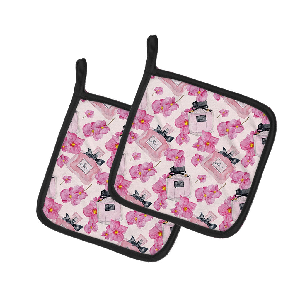 Watercolor Pink Flowers and Perfume Pot Holder Set of 2 Heat Resistant Quilted Hot Pads 7.5 x 7.5 Inch, Insulated Kitchen Trivets for Cooking & Baking