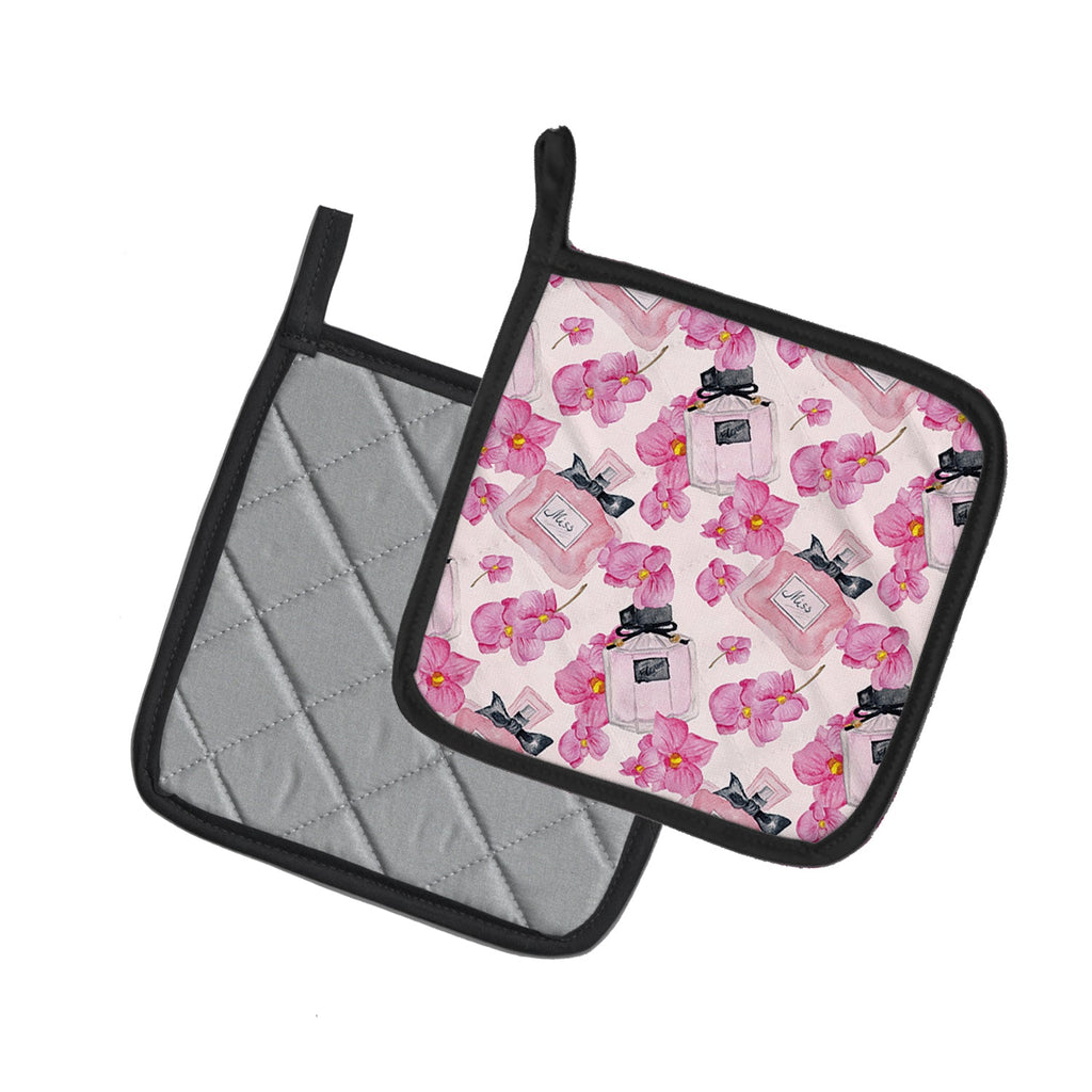 Watercolor Pink Flowers and Perfume Pot Holder Set of 2 Heat Resistant Quilted Hot Pads 7.5 x 7.5 Inch, Insulated Kitchen Trivets for Cooking & Baking