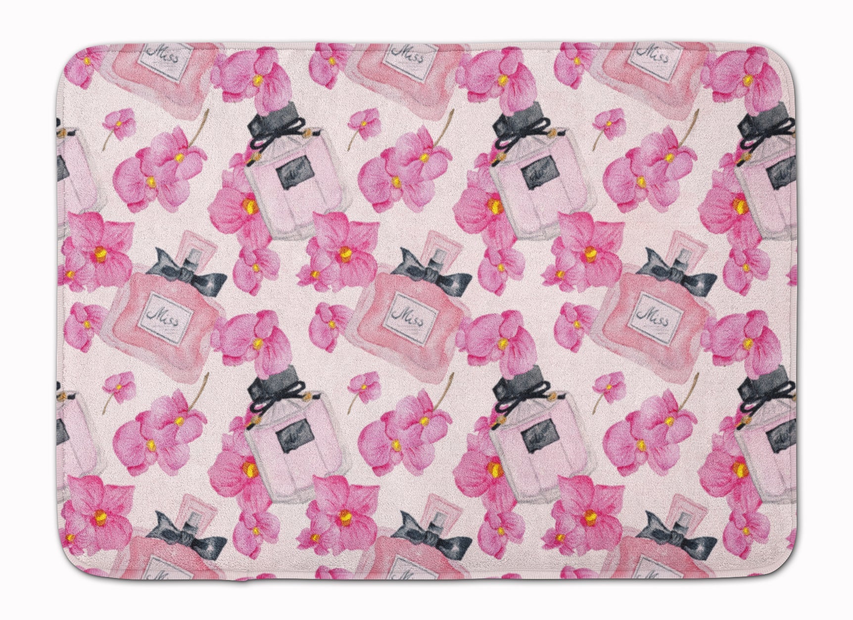 Watercolor Pink Flowers and Perfume Memory Foam Kitchen Mat Machine Washable Anti-Fatigue Cushion Comfort Bath or Kitchen Rug