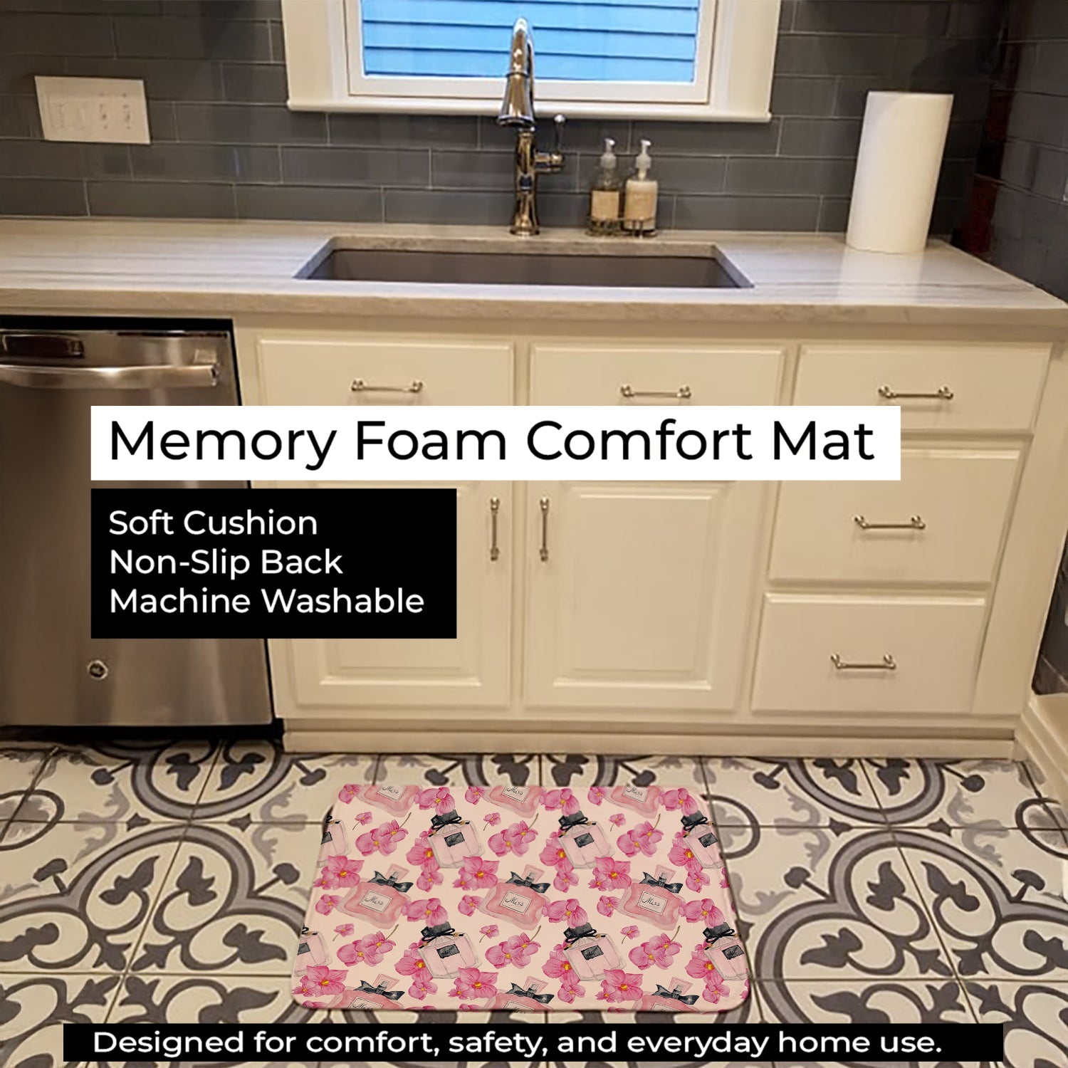 Watercolor Pink Flowers and Perfume Memory Foam Kitchen Mat Machine Washable Anti-Fatigue Cushion Comfort Bath or Kitchen Rug