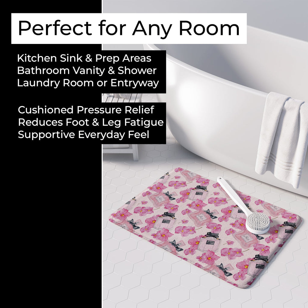 Watercolor Pink Flowers and Perfume Memory Foam Kitchen Mat Machine Washable Anti-Fatigue Cushion Comfort Bath or Kitchen Rug