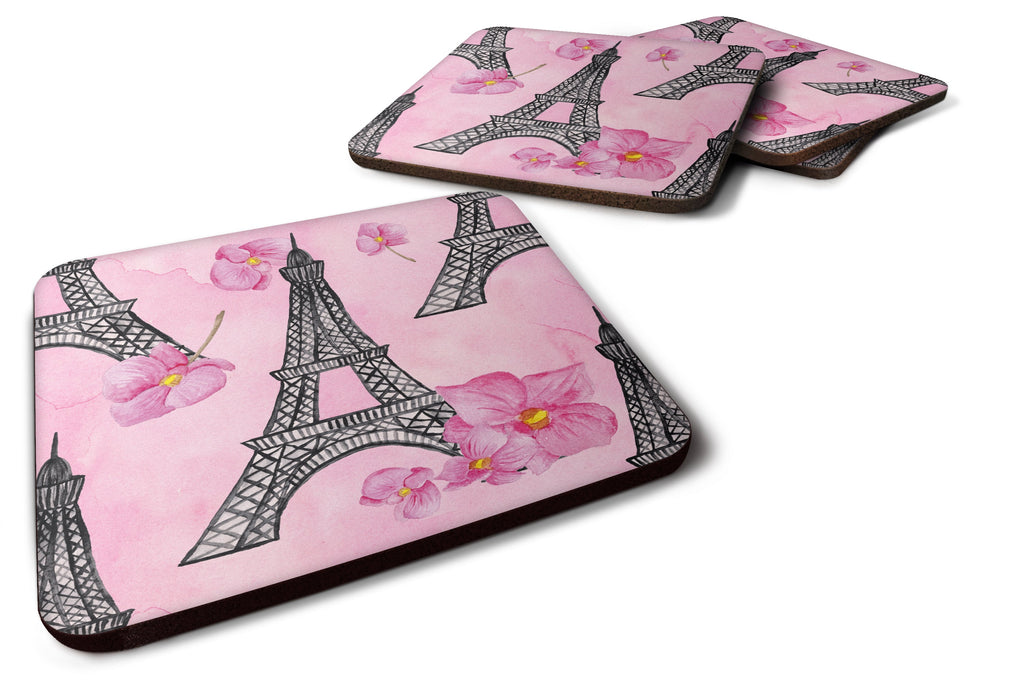 Watercolor Pink Flowers and Eiffel Tower Foam Coasters Set of 4 Cup Coasters for Indoor Outdoor, Tabletop Protection, Anti Slip, Mouse pad Material