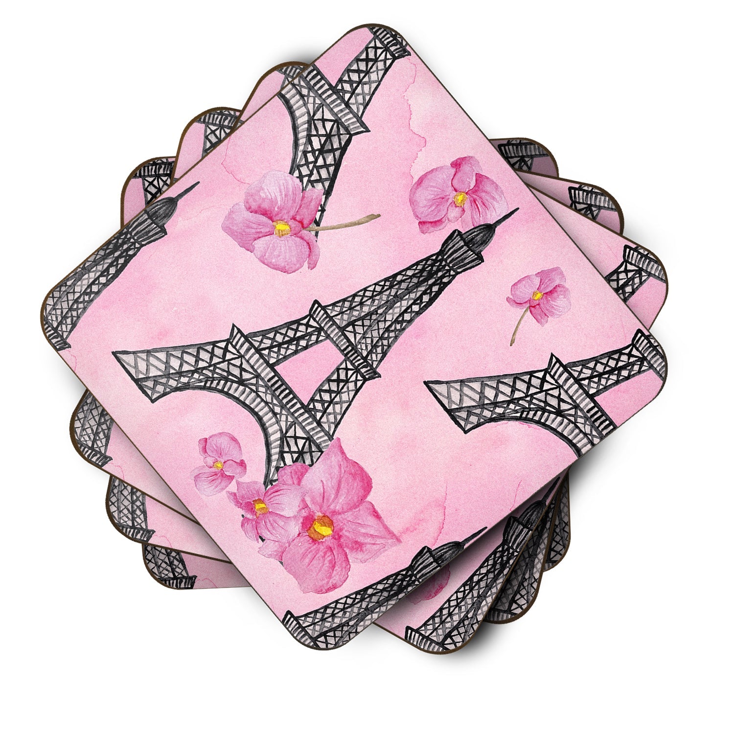 Watercolor Pink Flowers and Eiffel Tower Foam Coasters Set of 4 Cup Coasters for Indoor Outdoor, Tabletop Protection, Anti Slip, Mouse pad Material
