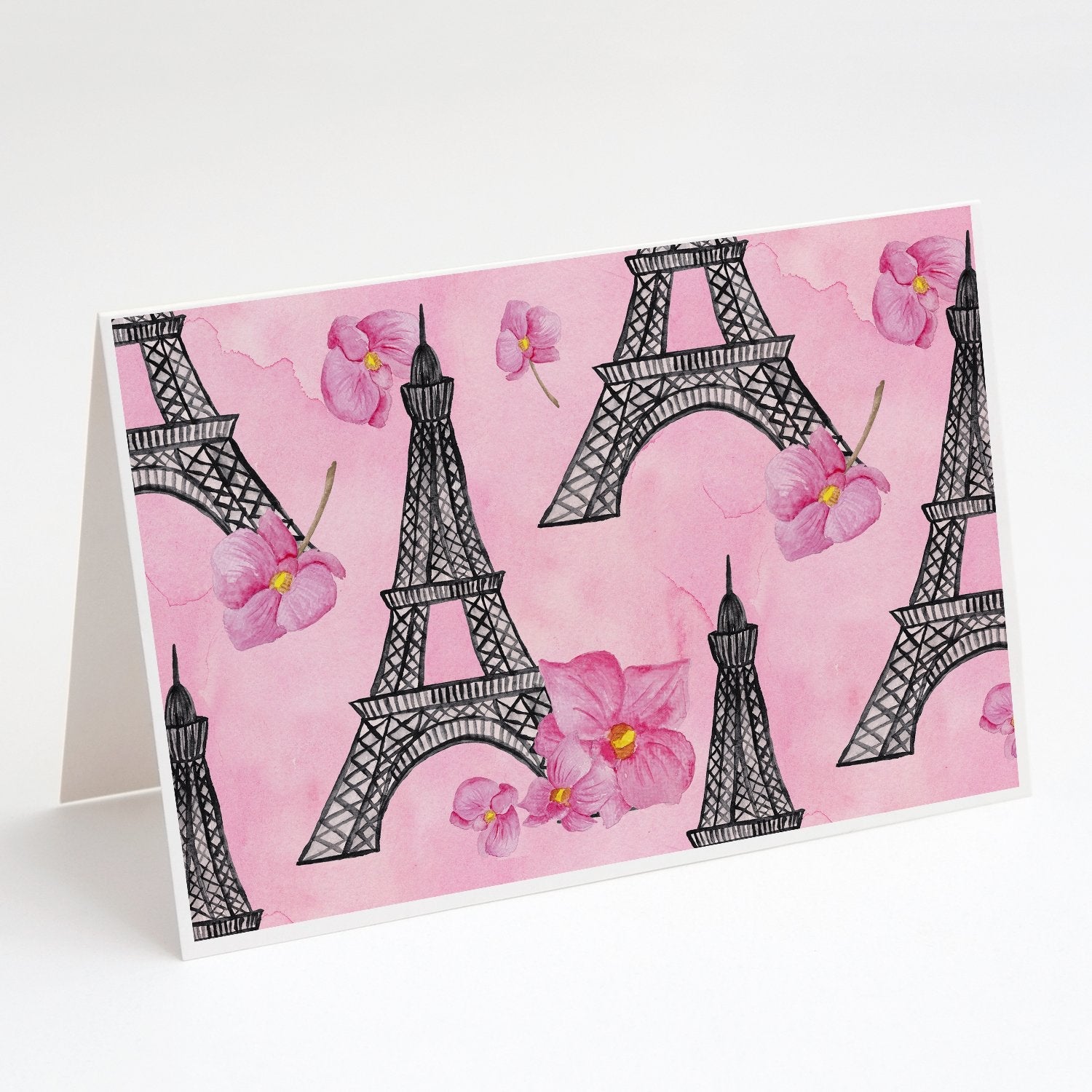 Watercolor Pink Flowers and Eiffel Tower Greeting Cards Pack of 8 Blank Cards with Envelopes Whimsical A7 Size 5x7