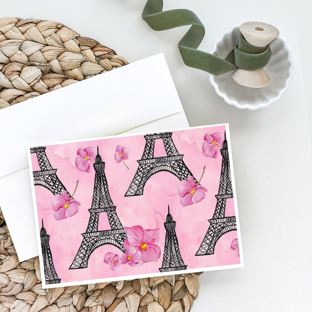 Watercolor Pink Flowers and Eiffel Tower Greeting Cards Pack of 8 Blank Cards with Envelopes Whimsical A7 Size 5x7