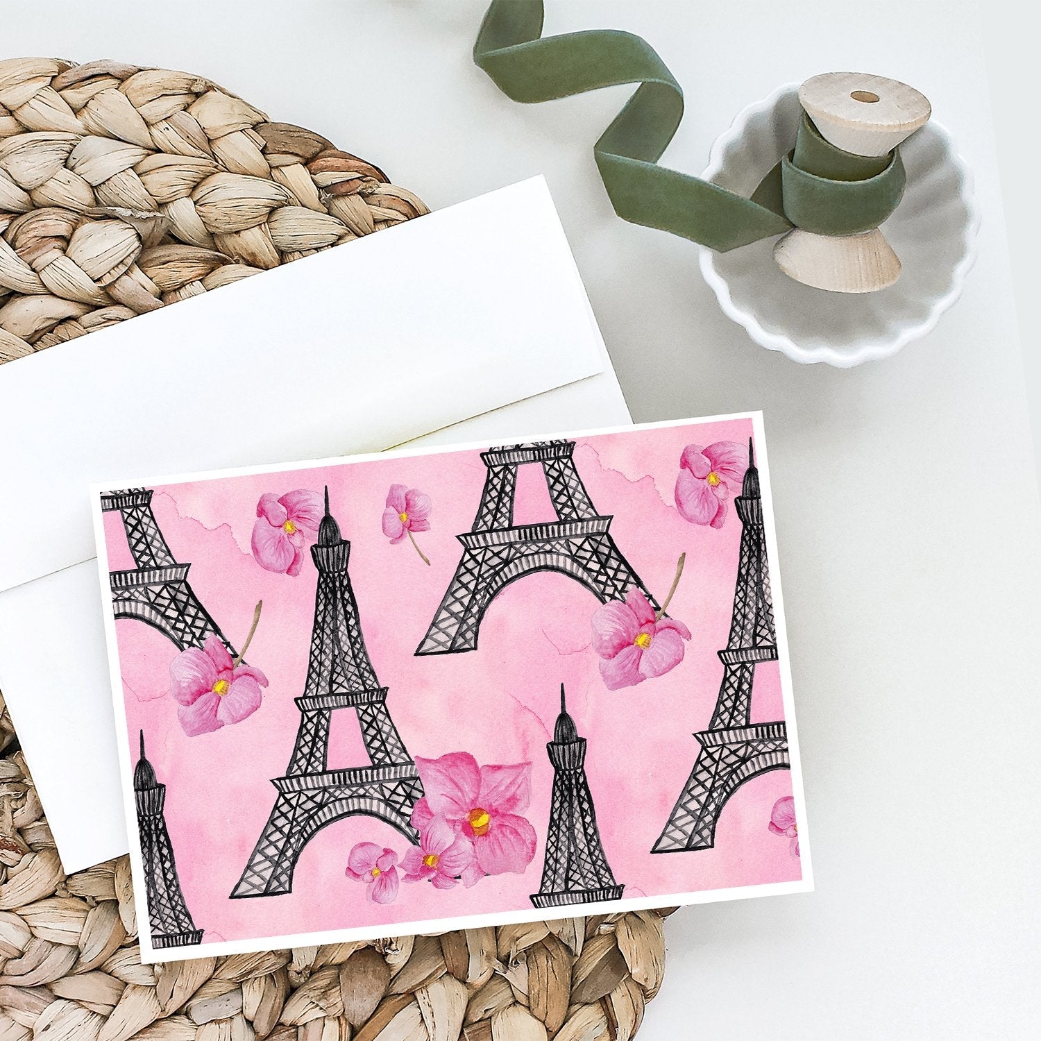 Watercolor Pink Flowers and Eiffel Tower Greeting Cards Pack of 8 Blank Cards with Envelopes Whimsical A7 Size 5x7