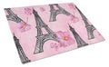 Watercolor Pink Flowers and Eiffel Tower Cutting Board Tempered Glass Kitchen Cutting Surface, Heat Resistant Chopping, Non-Slip Feet, Food Prep & Serving