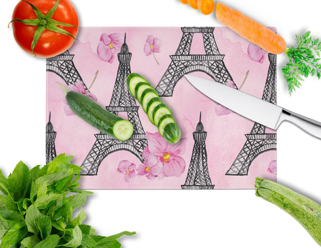 Watercolor Pink Flowers and Eiffel Tower Cutting Board Tempered Glass Kitchen Cutting Surface, Heat Resistant Chopping, Non-Slip Feet, Food Prep & Serving