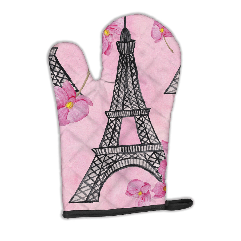 Watercolor Pink Flowers and Eiffel Tower Oven Mitt Heat Resistant Thick Oven Mitt for Hot Pans and Oven, Kitchen Mitt Protect Hands, Cooking Baking Glove