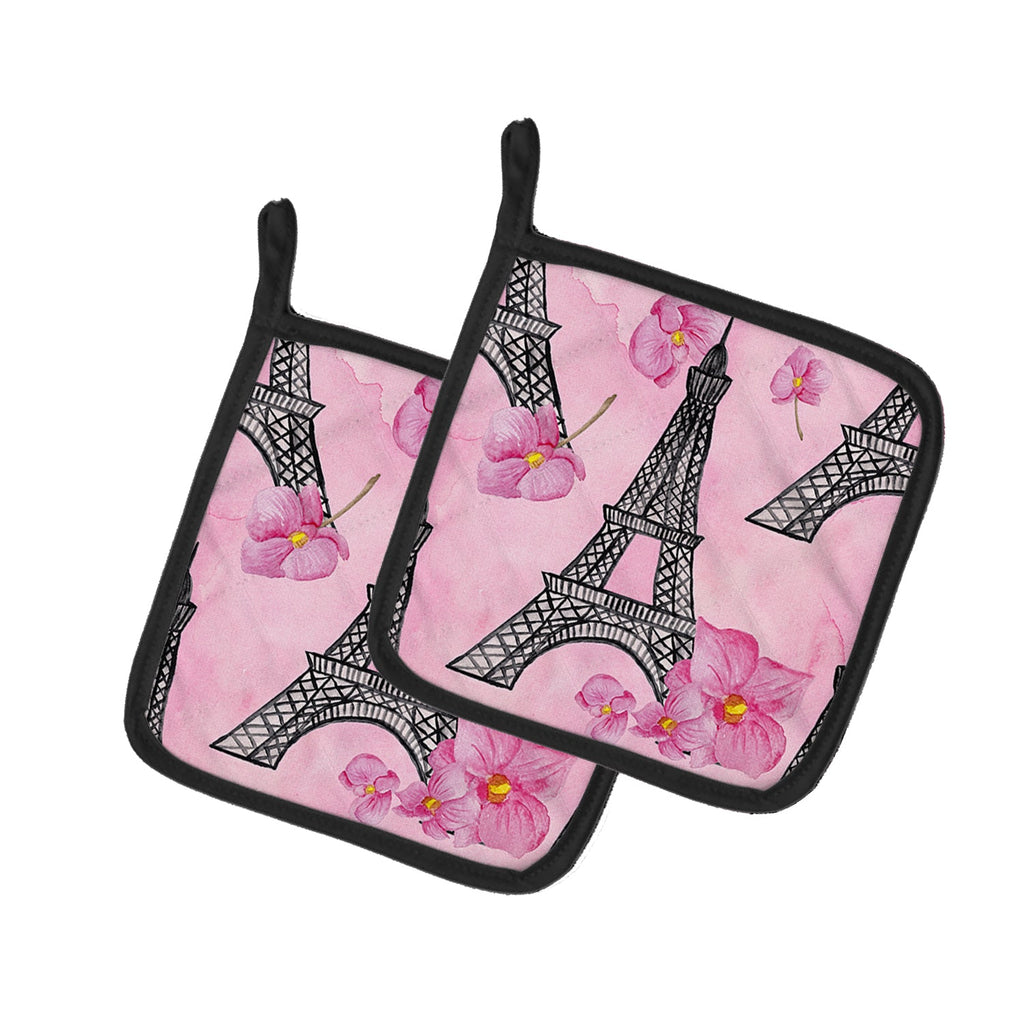 Watercolor Pink Flowers and Eiffel Tower Pot Holder Set of 2 Heat Resistant Quilted Hot Pads 7.5 x 7.5 Inch, Insulated Kitchen Trivets for Cooking & Baking