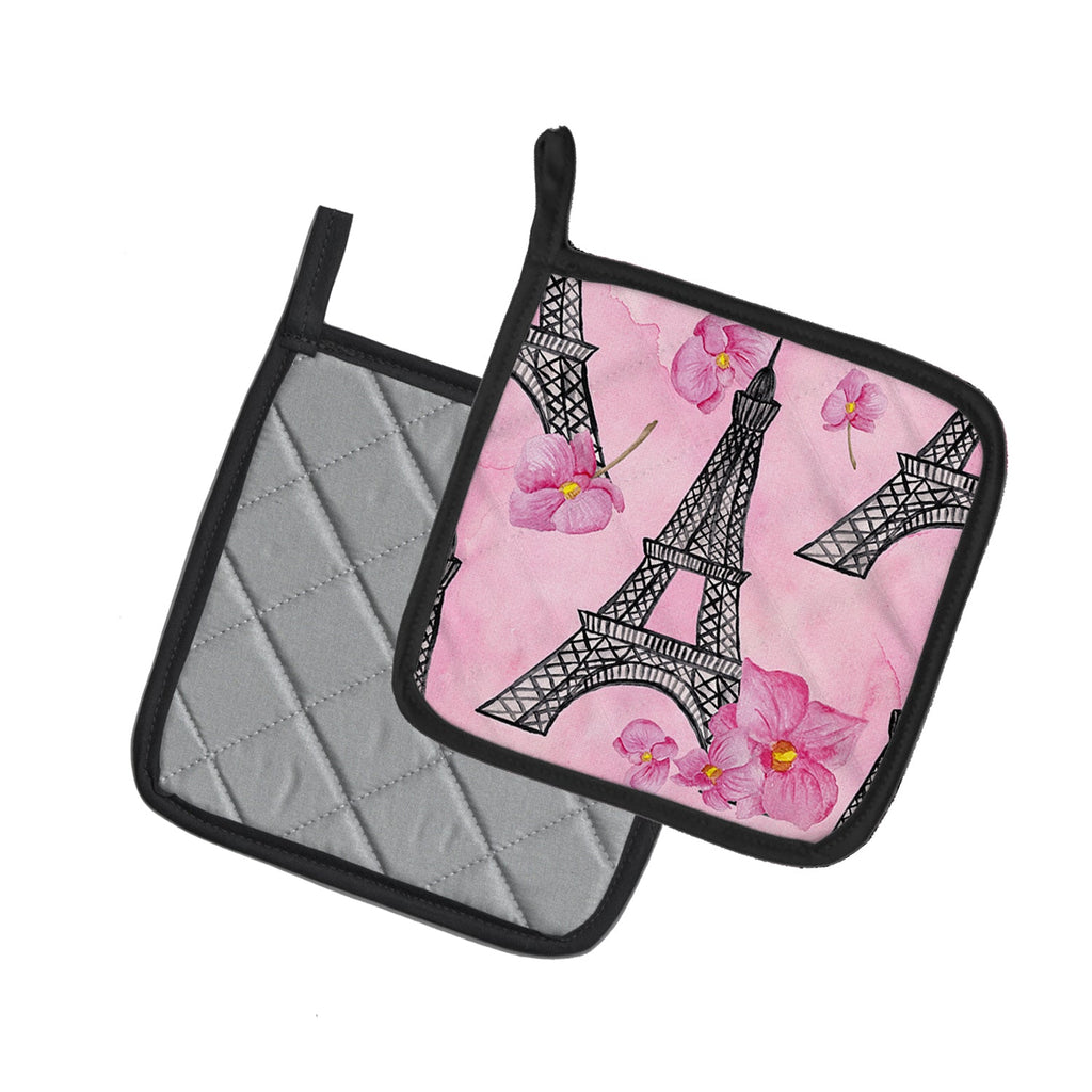 Watercolor Pink Flowers and Eiffel Tower Pot Holder Set of 2 Heat Resistant Quilted Hot Pads 7.5 x 7.5 Inch, Insulated Kitchen Trivets for Cooking & Baking