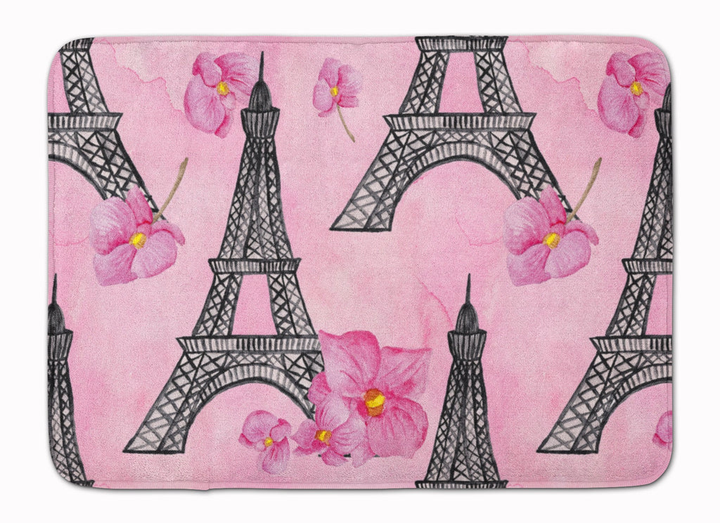 Watercolor Pink Flowers and Eiffel Tower Memory Foam Kitchen Mat Machine Washable Anti-Fatigue Cushion Comfort Bath or Kitchen Rug