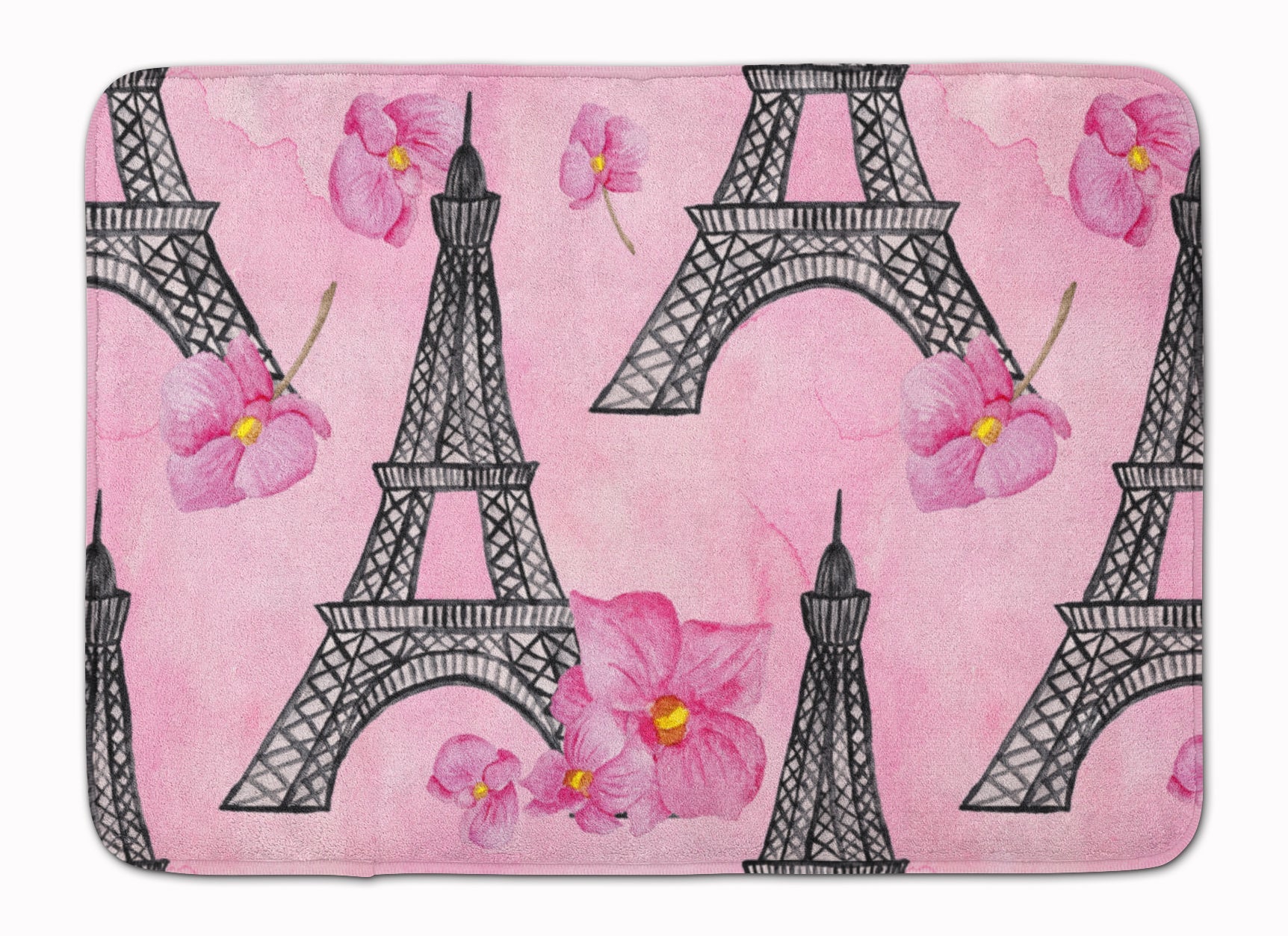 Watercolor Pink Flowers and Eiffel Tower Memory Foam Kitchen Mat Machine Washable Anti-Fatigue Cushion Comfort Bath or Kitchen Rug