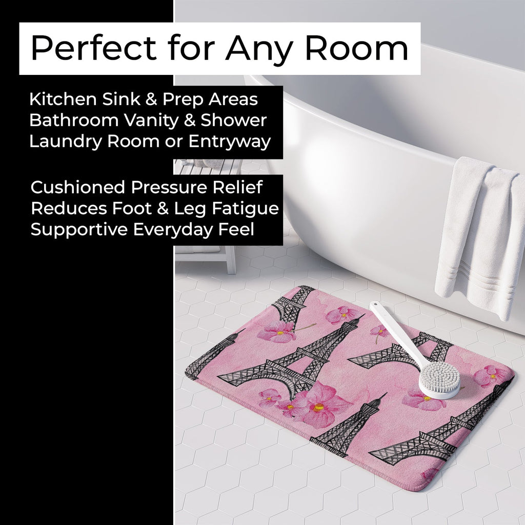 Watercolor Pink Flowers and Eiffel Tower Memory Foam Kitchen Mat Machine Washable Anti-Fatigue Cushion Comfort Bath or Kitchen Rug