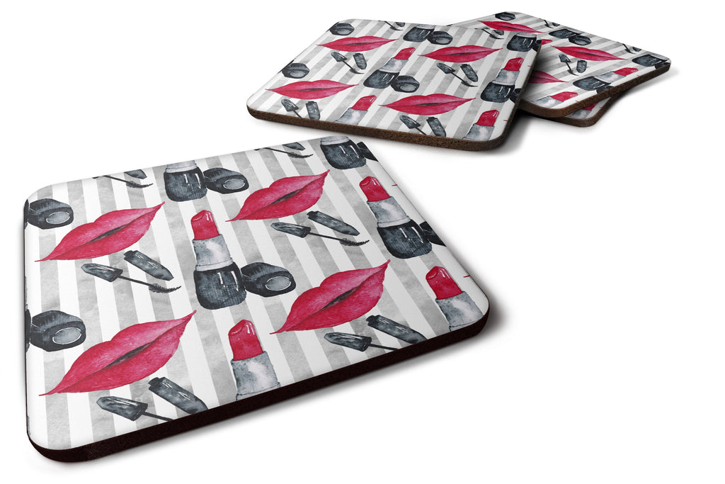 Watercolor Lipstick and Grey Stripes Foam Coasters Set of 4 Cup Coasters for Indoor Outdoor, Tabletop Protection, Anti Slip, Mouse pad Material