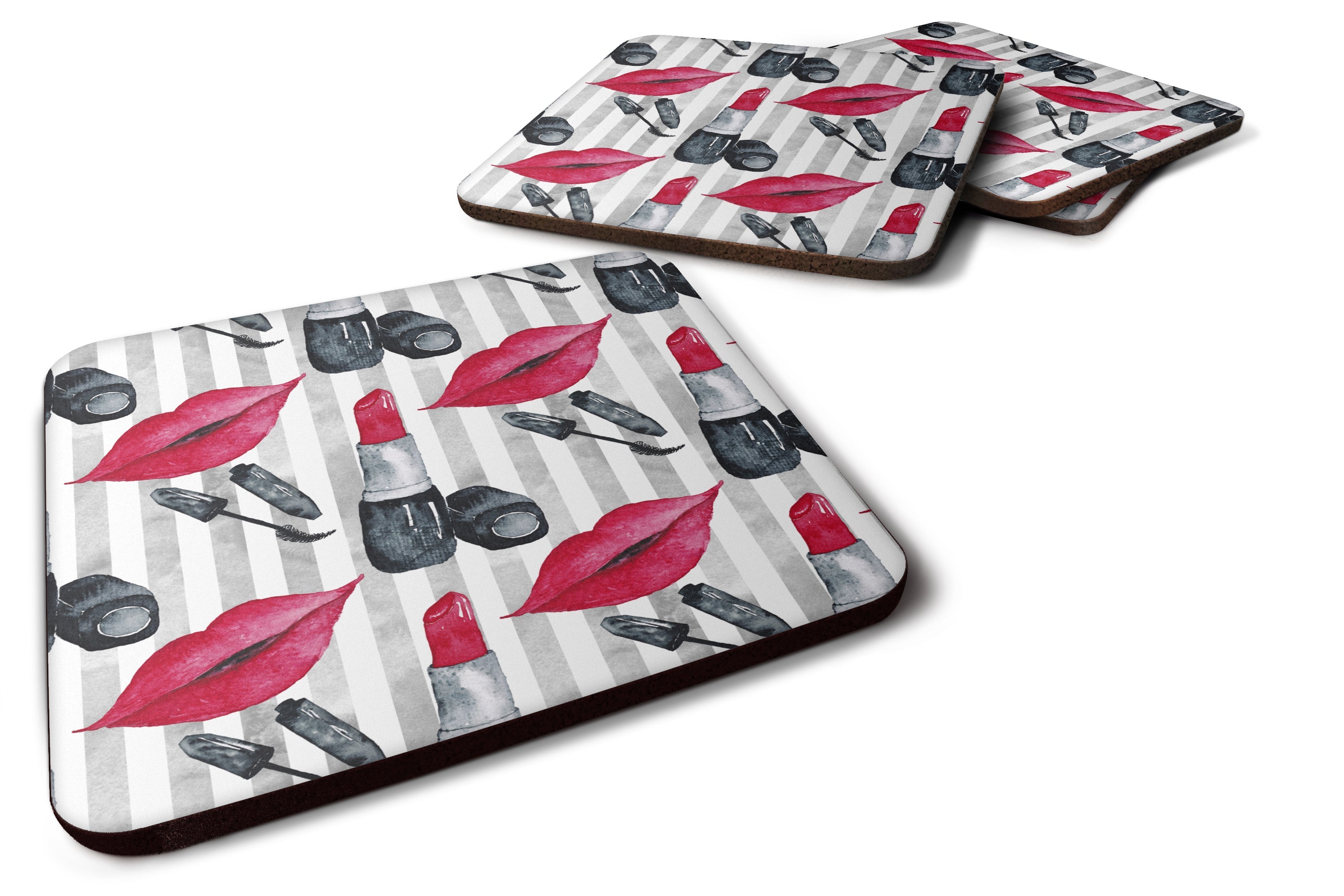Watercolor Lipstick and Grey Stripes Foam Coasters Set of 4 Cup Coasters for Indoor Outdoor, Tabletop Protection, Anti Slip, Mouse pad Material