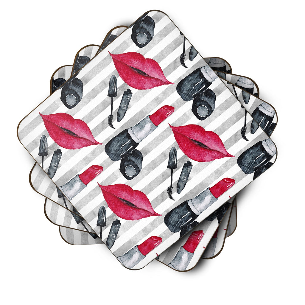Watercolor Lipstick and Grey Stripes Foam Coasters Set of 4 Cup Coasters for Indoor Outdoor, Tabletop Protection, Anti Slip, Mouse pad Material
