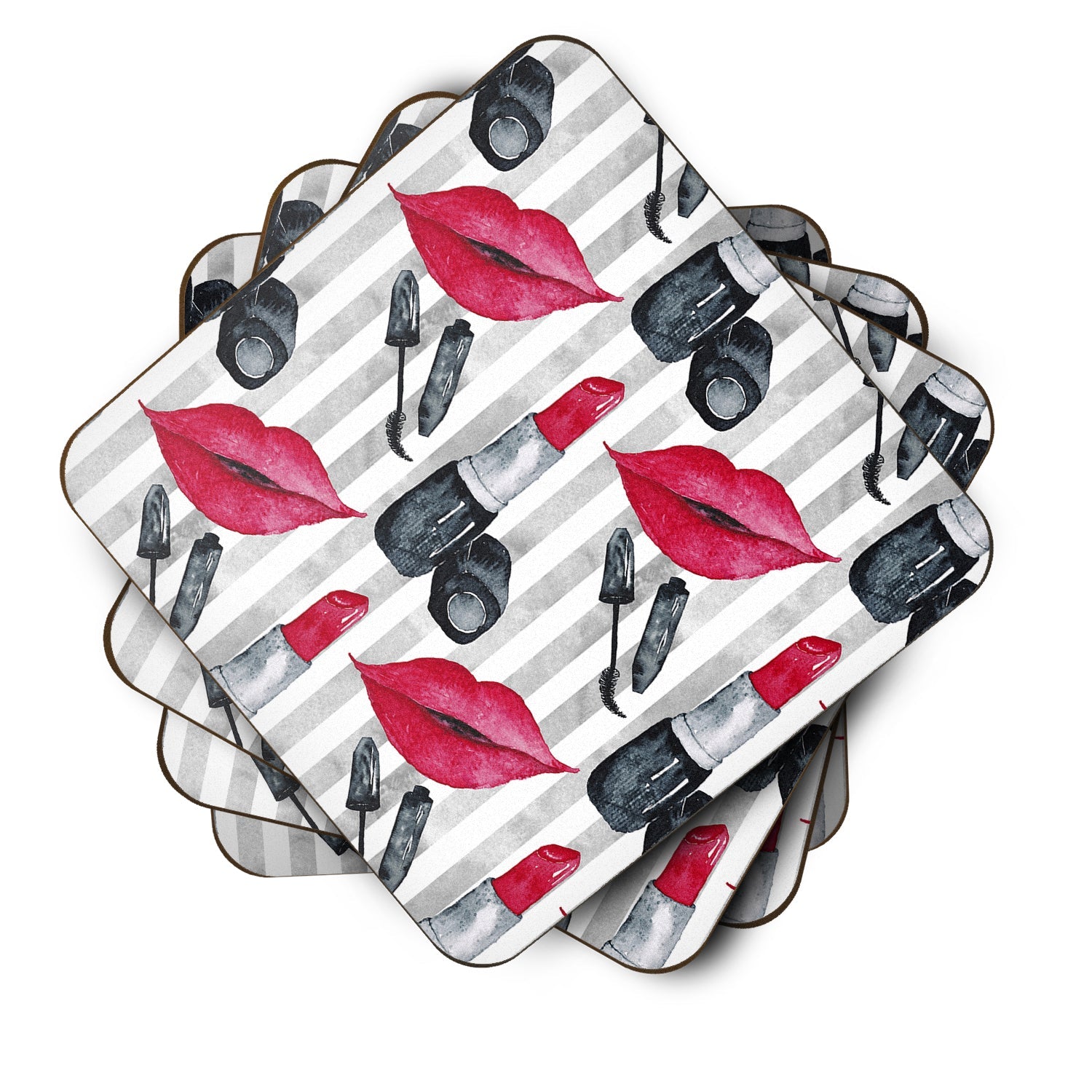 Watercolor Lipstick and Grey Stripes Foam Coasters Set of 4 Cup Coasters for Indoor Outdoor, Tabletop Protection, Anti Slip, Mouse pad Material