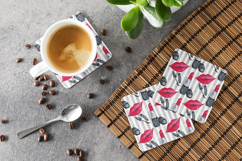 Watercolor Lipstick and Grey Stripes Foam Coasters Set of 4 Cup Coasters for Indoor Outdoor, Tabletop Protection, Anti Slip, Mouse pad Material