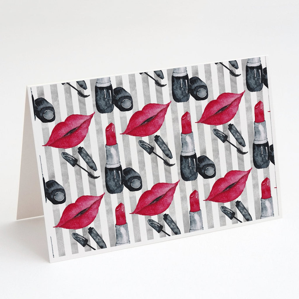 Watercolor Lipstick and Grey Stripes Greeting Cards Pack of 8 Blank Cards with Envelopes Whimsical A7 Size 5x7
