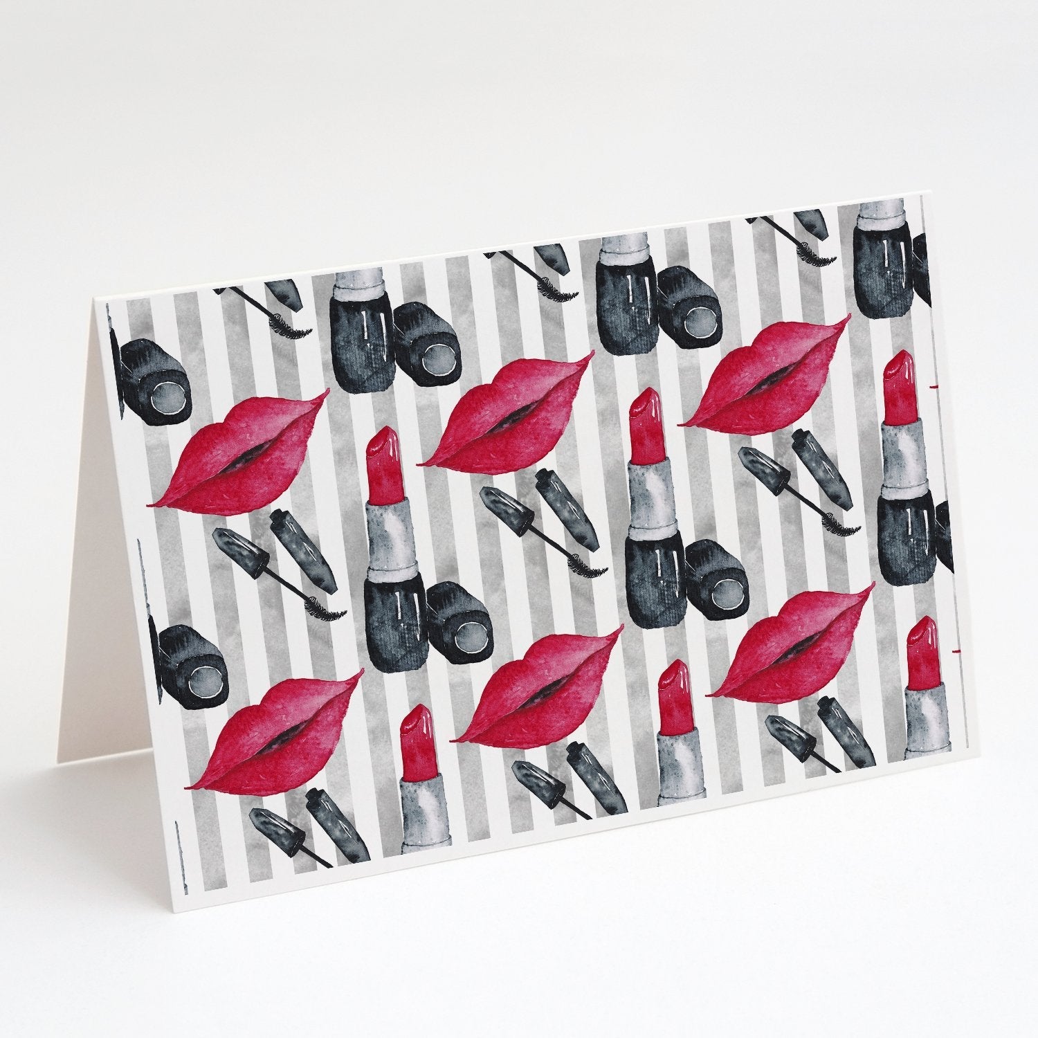 Watercolor Lipstick and Grey Stripes Greeting Cards Pack of 8 Blank Cards with Envelopes Whimsical A7 Size 5x7