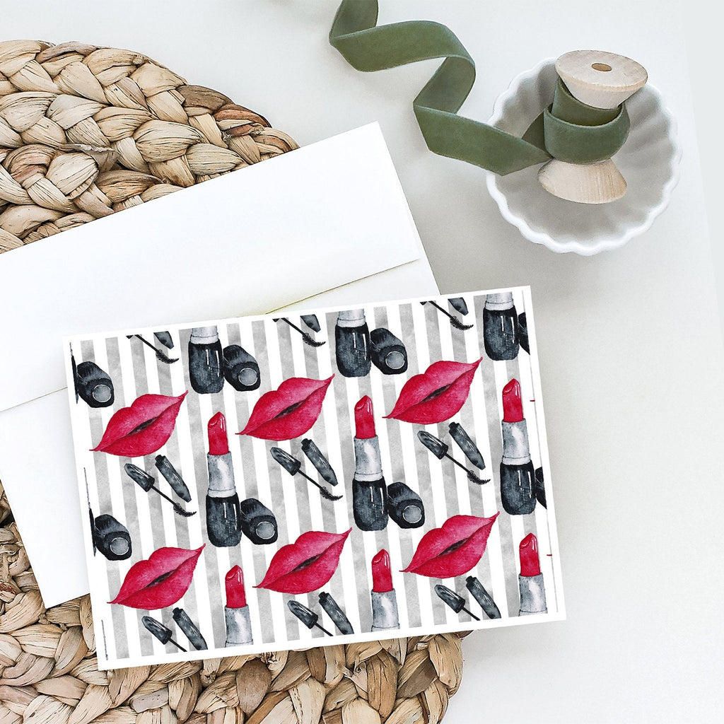 Watercolor Lipstick and Grey Stripes Greeting Cards Pack of 8 Blank Cards with Envelopes Whimsical A7 Size 5x7
