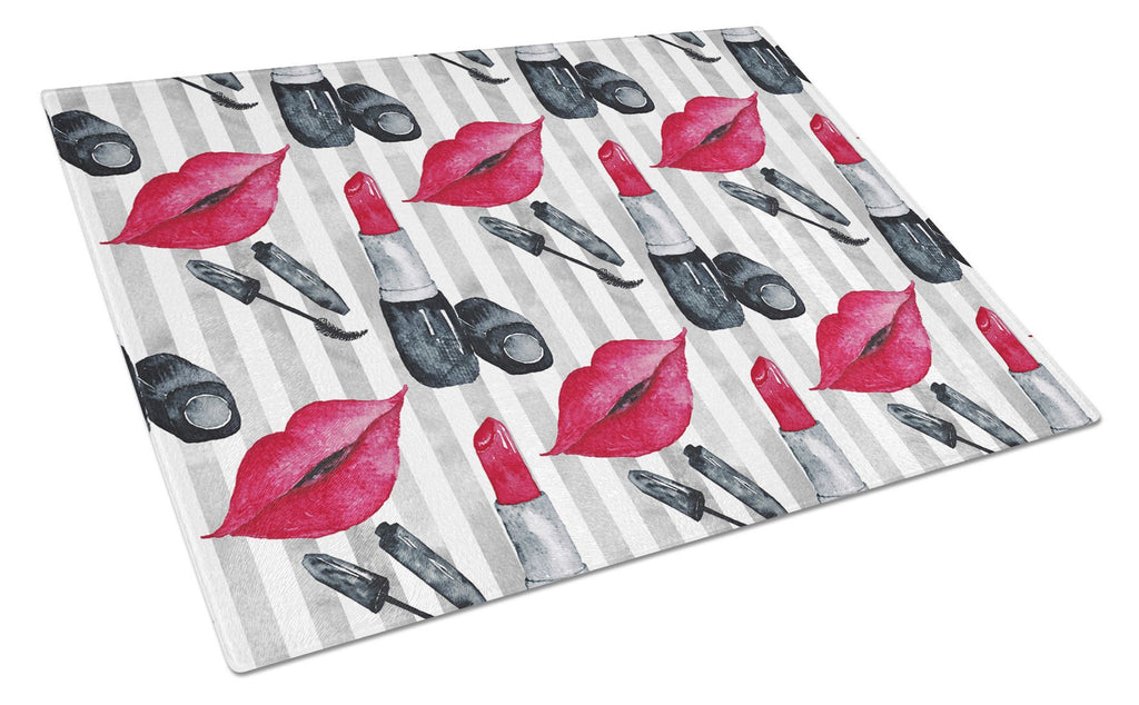 Watercolor Lipstick and Grey Stripes Cutting Board Tempered Glass Kitchen Cutting Surface, Heat Resistant Chopping, Non-Slip Feet, Food Prep & Serving