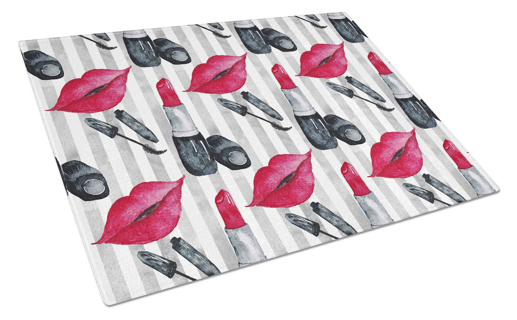 Watercolor Lipstick and Grey Stripes Cutting Board Tempered Glass Kitchen Cutting Surface, Heat Resistant Chopping, Non-Slip Feet, Food Prep & Serving