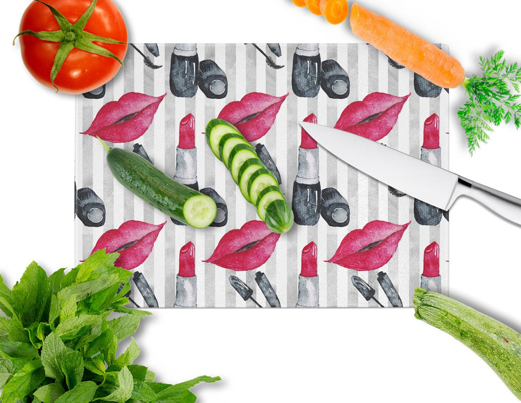 Watercolor Lipstick and Grey Stripes Cutting Board Tempered Glass Kitchen Cutting Surface, Heat Resistant Chopping, Non-Slip Feet, Food Prep & Serving