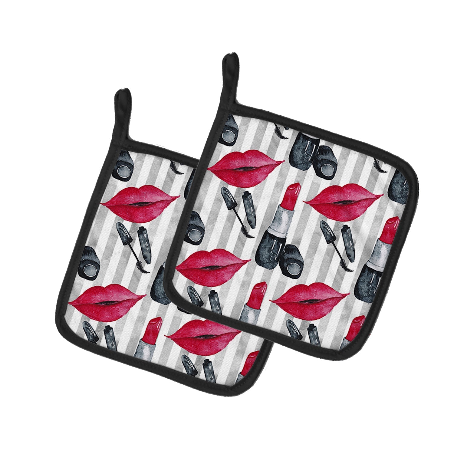 Watercolor Lipstick and Grey Stripes Pot Holder Set of 2 Heat Resistant Quilted Hot Pads 7.5 x 7.5 Inch, Insulated Kitchen Trivets for Cooking & Baking