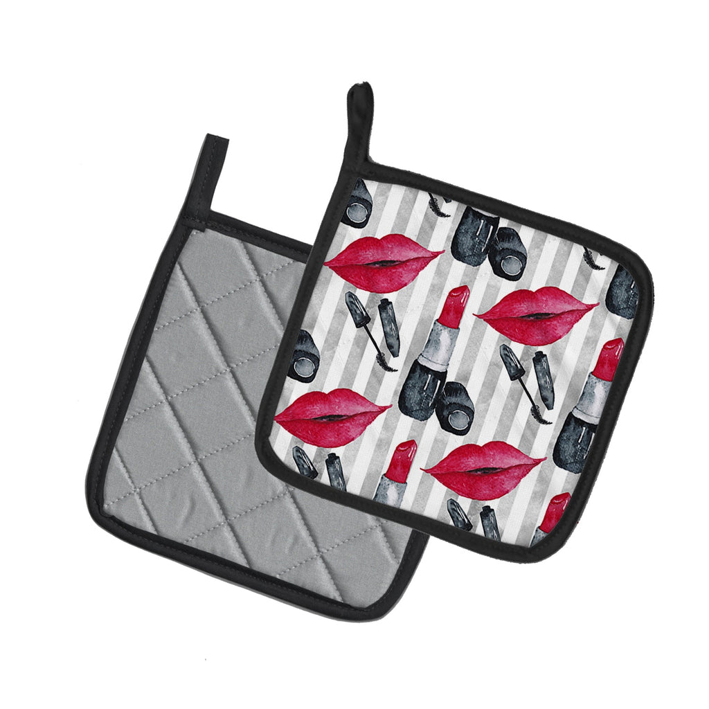 Watercolor Lipstick and Grey Stripes Pot Holder Set of 2 Heat Resistant Quilted Hot Pads 7.5 x 7.5 Inch, Insulated Kitchen Trivets for Cooking & Baking