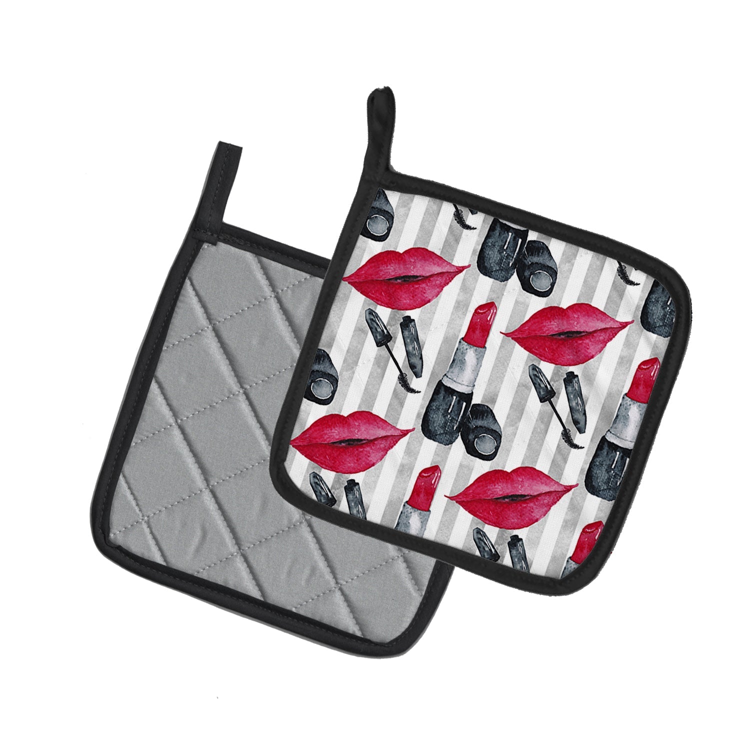Watercolor Lipstick and Grey Stripes Pot Holder Set of 2 Heat Resistant Quilted Hot Pads 7.5 x 7.5 Inch, Insulated Kitchen Trivets for Cooking & Baking