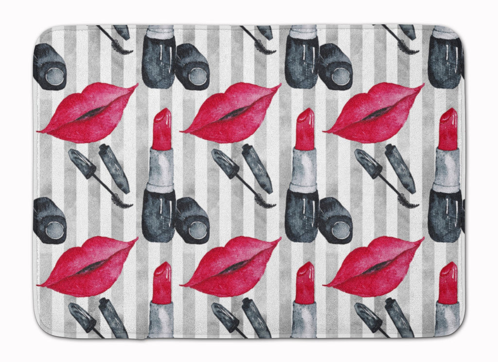 Watercolor Lipstick and Grey Stripes Memory Foam Kitchen Mat Machine Washable Anti-Fatigue Cushion Comfort Bath or Kitchen Rug