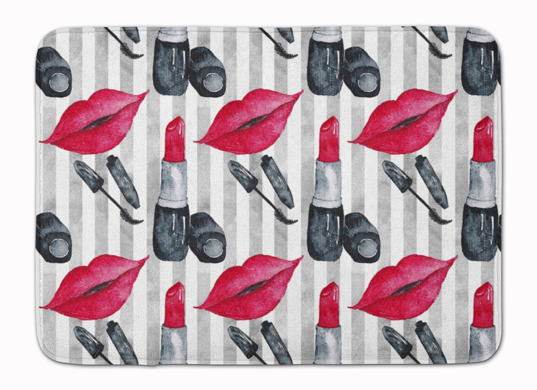 Watercolor Lipstick and Grey Stripes Memory Foam Kitchen Mat Machine Washable Anti-Fatigue Cushion Comfort Bath or Kitchen Rug