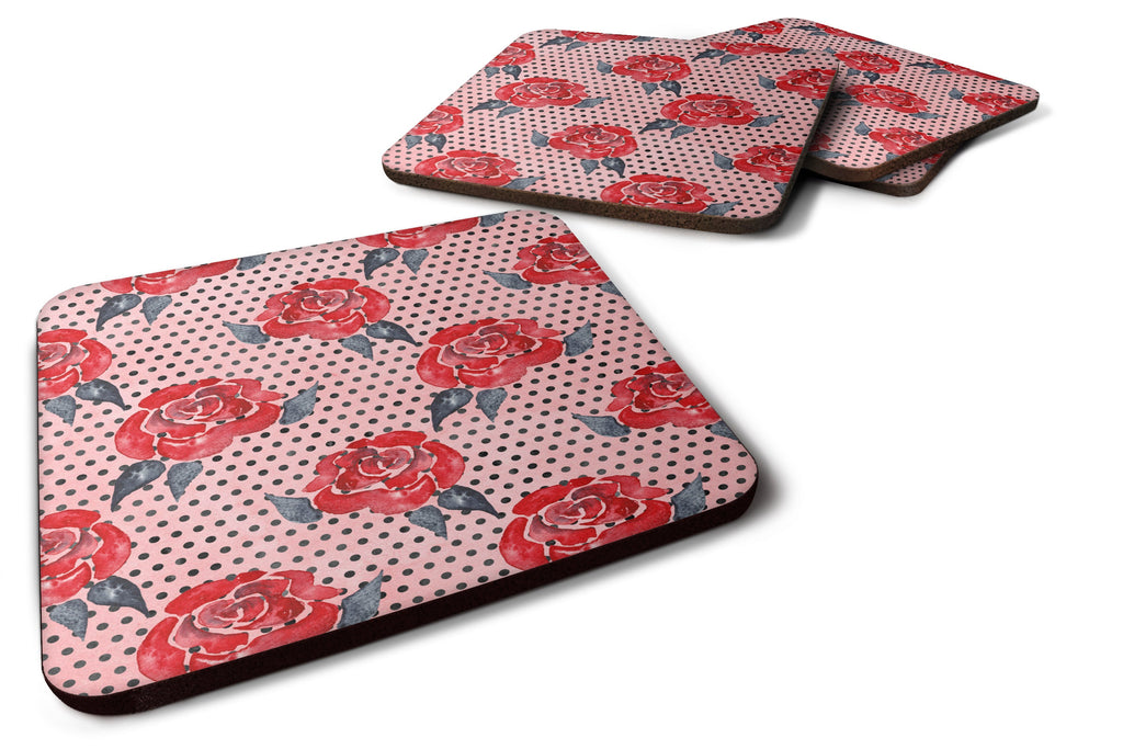 Watercolor Red Roses and Polkadots Foam Coasters Set of 4 Cup Coasters for Indoor Outdoor, Tabletop Protection, Anti Slip, Mouse pad Material