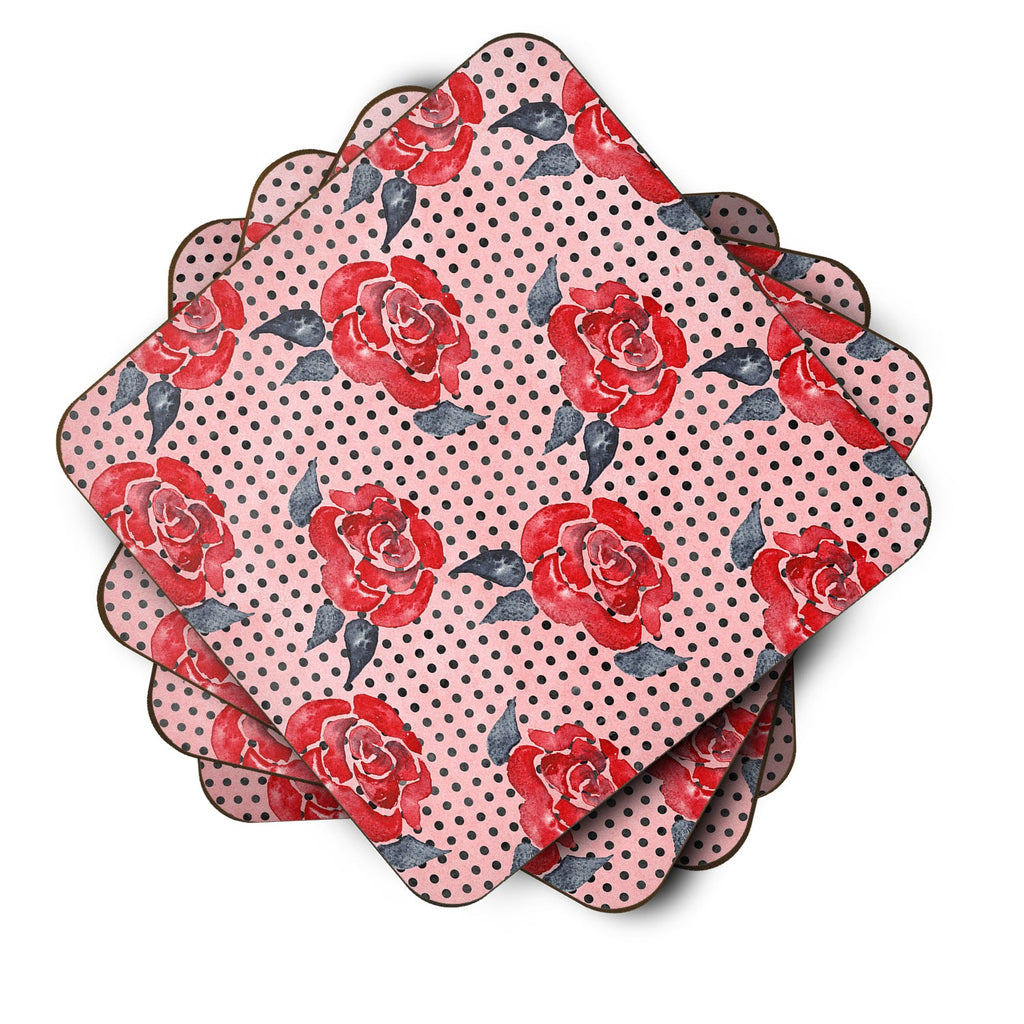 Watercolor Red Roses and Polkadots Foam Coasters Set of 4 Cup Coasters for Indoor Outdoor, Tabletop Protection, Anti Slip, Mouse pad Material
