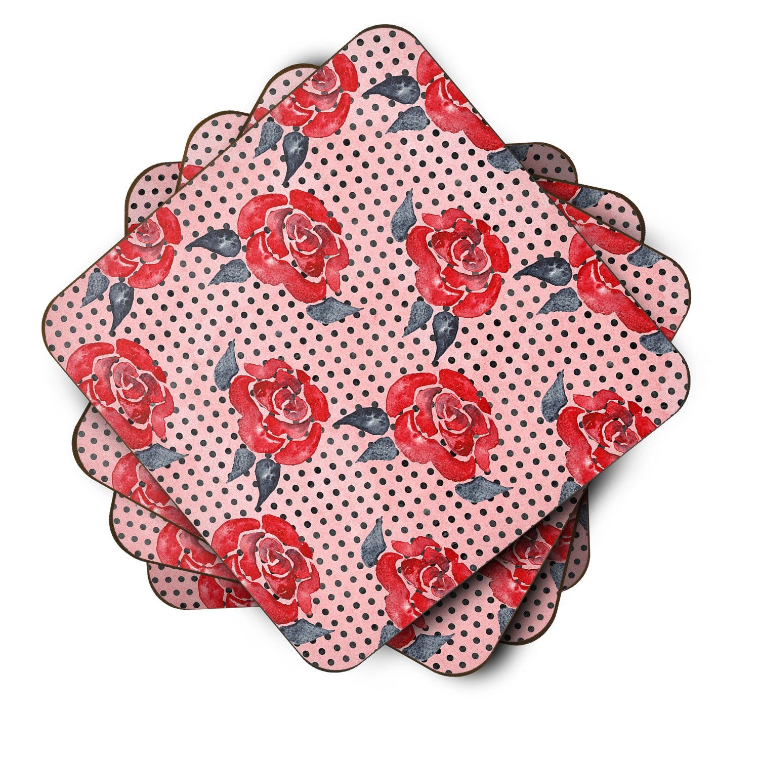 Watercolor Red Roses and Polkadots Foam Coasters Set of 4 Cup Coasters for Indoor Outdoor, Tabletop Protection, Anti Slip, Mouse pad Material