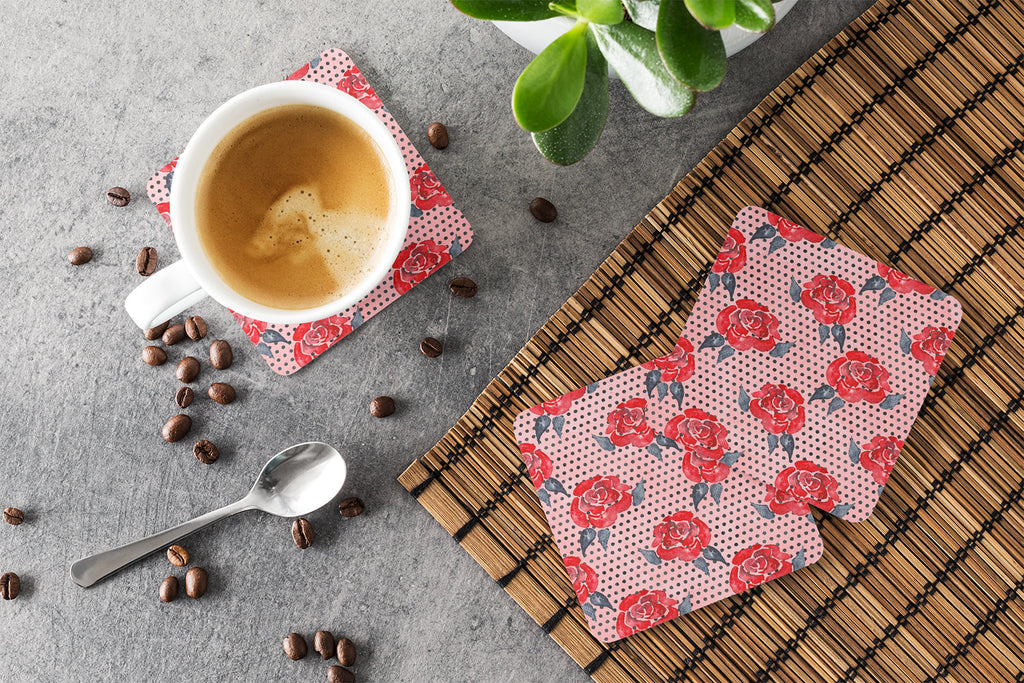 Watercolor Red Roses and Polkadots Foam Coasters Set of 4 Cup Coasters for Indoor Outdoor, Tabletop Protection, Anti Slip, Mouse pad Material