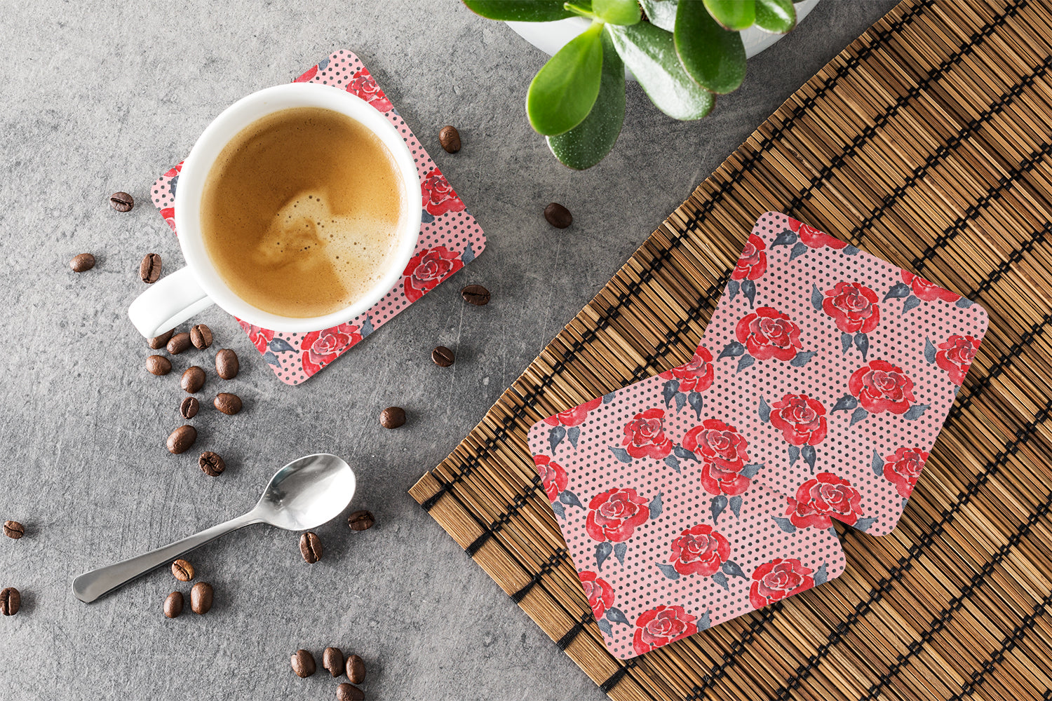 Watercolor Red Roses and Polkadots Foam Coasters Set of 4 Cup Coasters for Indoor Outdoor, Tabletop Protection, Anti Slip, Mouse pad Material