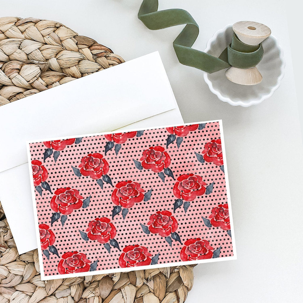 Watercolor Red Roses and Polkadots Greeting Cards Pack of 8 Blank Cards with Envelopes Whimsical A7 Size 5x7