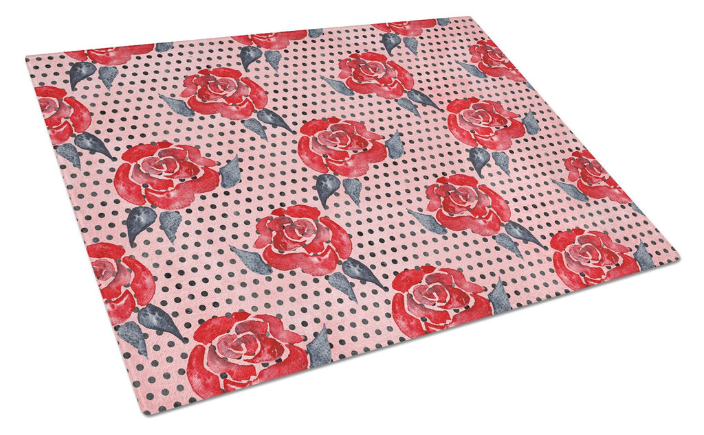 Watercolor Red Roses and Polkadots Cutting Board Tempered Glass Kitchen Cutting Surface, Heat Resistant Chopping, Non-Slip Feet, Food Prep & Serving