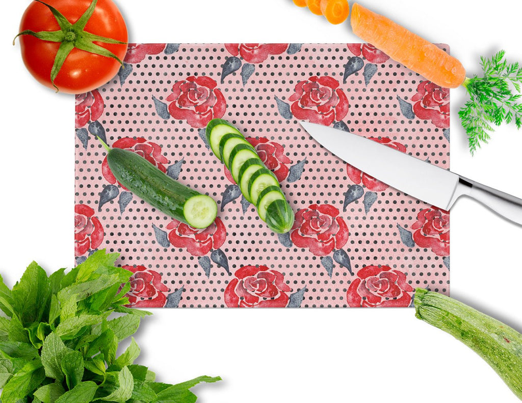 Watercolor Red Roses and Polkadots Cutting Board Tempered Glass Kitchen Cutting Surface, Heat Resistant Chopping, Non-Slip Feet, Food Prep & Serving