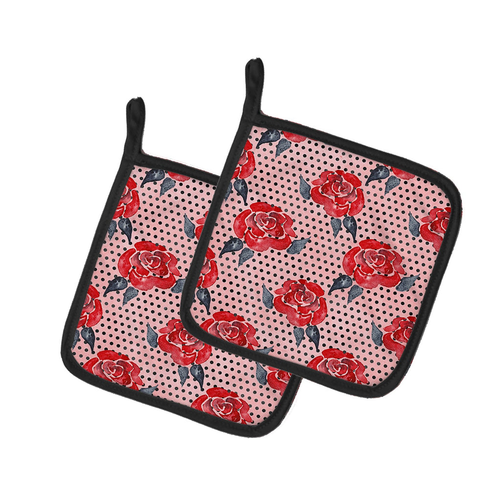 Watercolor Red Roses and Polkadots Pot Holder Set of 2 Heat Resistant Quilted Hot Pads 7.5 x 7.5 Inch, Insulated Kitchen Trivets for Cooking & Baking