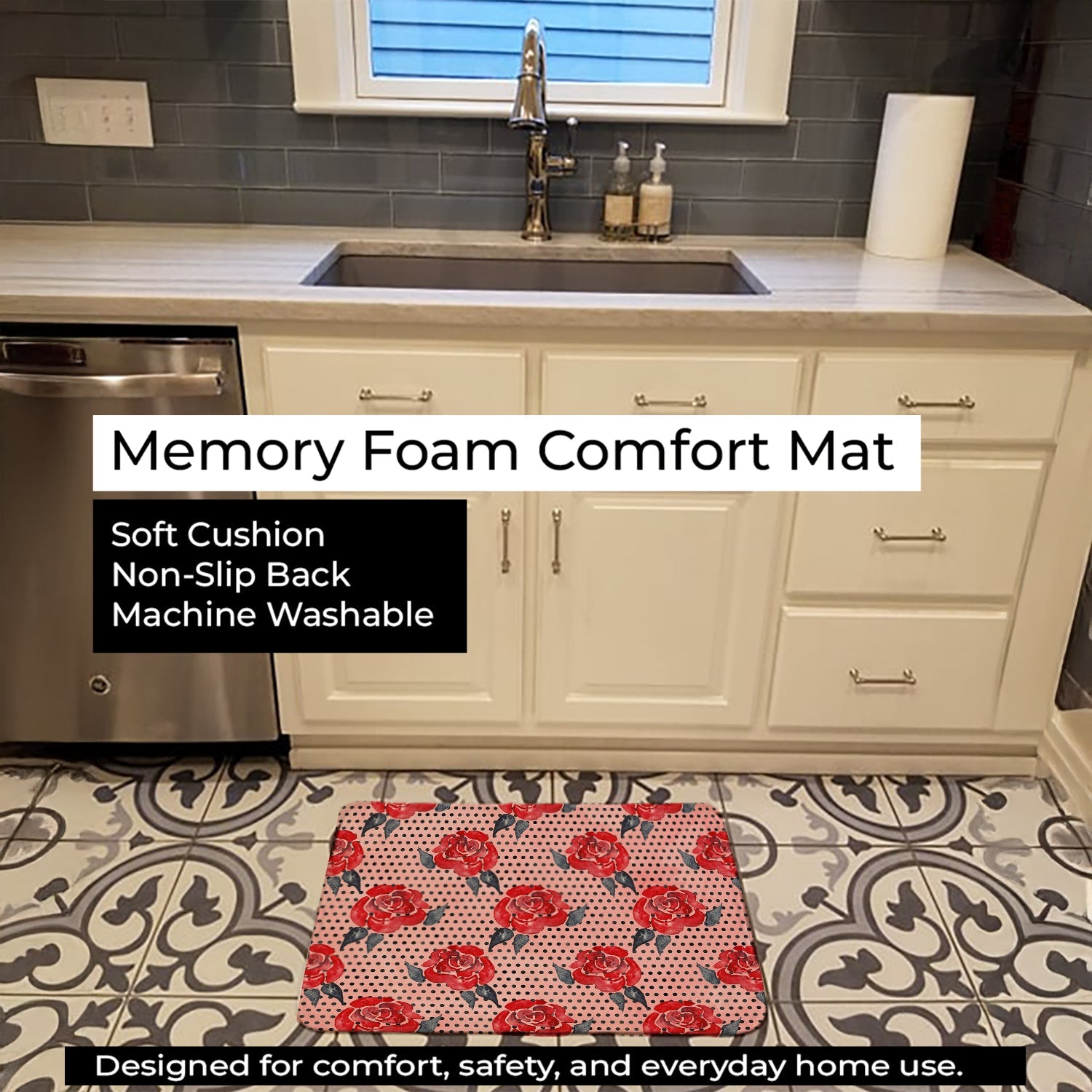 Watercolor Red Roses and Polkadots Memory Foam Kitchen Mat Machine Washable Anti-Fatigue Cushion Comfort Bath or Kitchen Rug